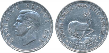 South Africa, George VI, Silver, 5 Shillings, 1949, Obv: Head to left, Rev: Springbok (KM#