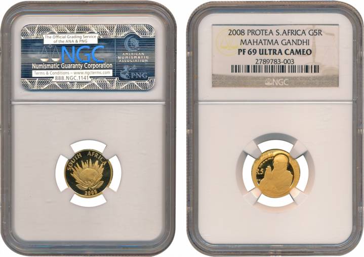 South Africa, Gold, 5 Rand, Proof, 2008, “Mahatma Gandhi”, Graded by NGC as ultra cameo Pr