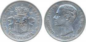 Spain, Alfonso XII, Silver, Peseta, 1876, Obv: Head to left, Rev: Crowned arms, pillars, v