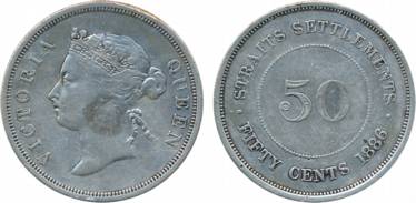 Straits Settlement, Victoria Queen, Silver, 50 Cents, 1886, Obv: Crowned bust to left, Rev