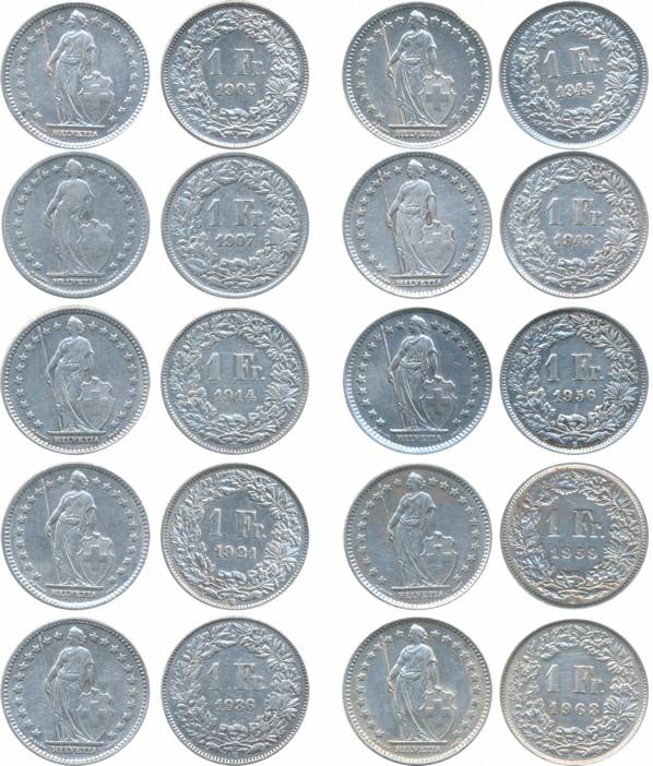 Switzerland, Silver 1 Franc (10), 1905/ 07/14/21/36/43/45/56/59 & 1963 (KM# 24). Cleaned, 