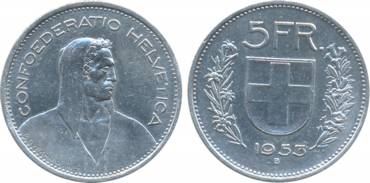 Switzerland, Silver 5 Franc, 1953B, Obv: Head to right, Rev: Shield flanked by sprigs (KM#