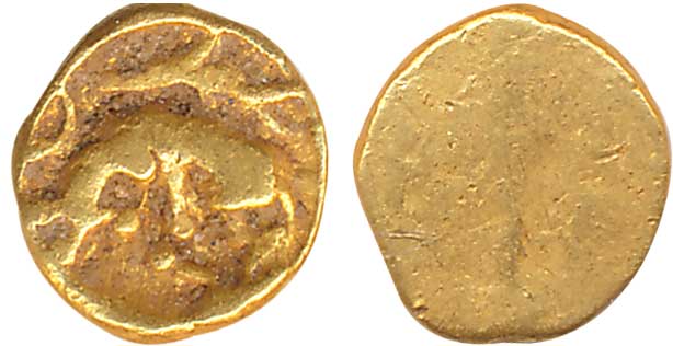 Chalukyas of Kalyana, Unattributed, Gold Fanam, 0.43g, Uniface, boar standing to left, cap