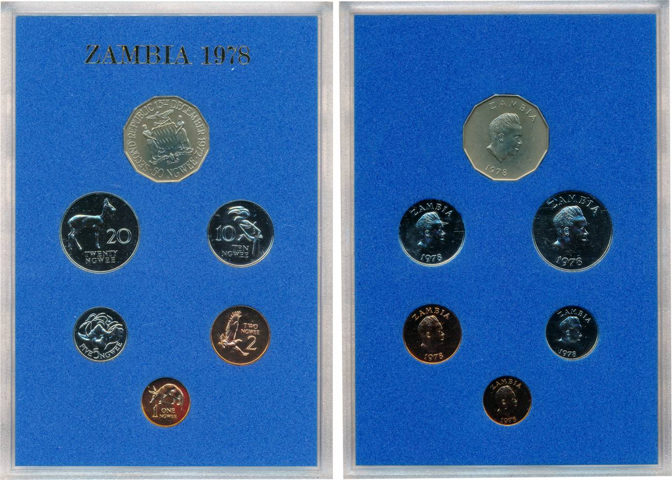 Zambia, 1978, Proof Set of 6, Ngwee 50, 20, 10, 5, 2 & 1, in acyclic case (KM# PS 5).