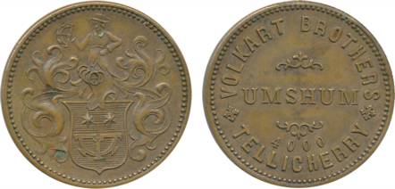 Copper Token, Volkart Brothers-Umshum Tellicherry. Very fine+.