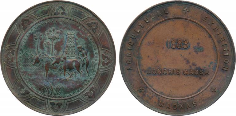 Agricultural Exhibition Madras Copper Medal, 74.28g, 1883, Obv: Scene of Farming, Trees, T