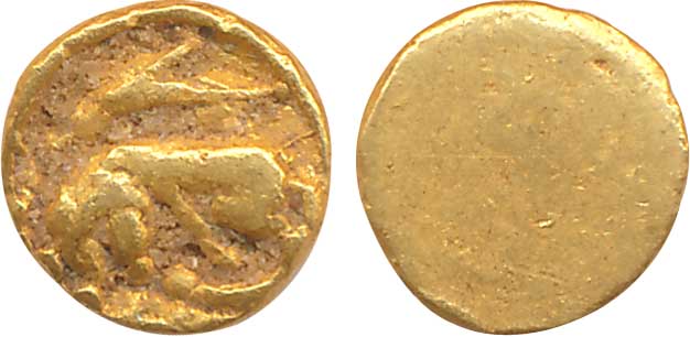 Chalukyas of Kalyana, Unattributed, Gold Fanam, 0.44g, Uniface, boar standing to left, cap