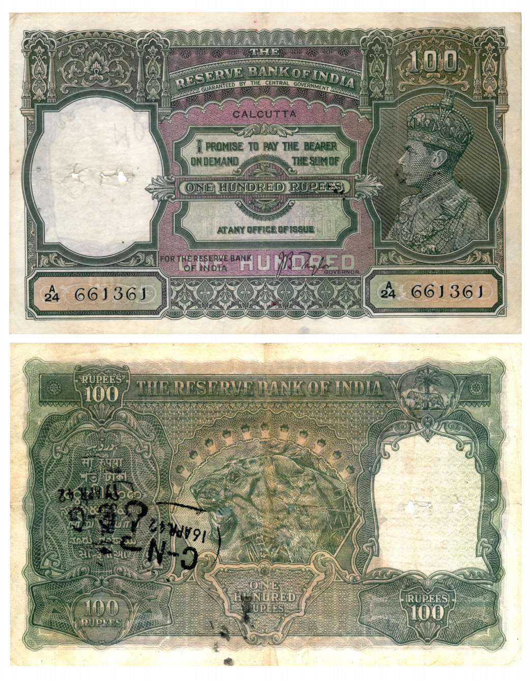 George VI, Rupees 100, Type 7, Signed C D Deshmukh, Calcutta Circle, prefix A (Jhun# 7.2D)