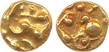 Chalukyas of Kalyana, Unattributed, Gold ¼ Fanam, 0.09g, Obv: stylised lion, Rev: Kannada 