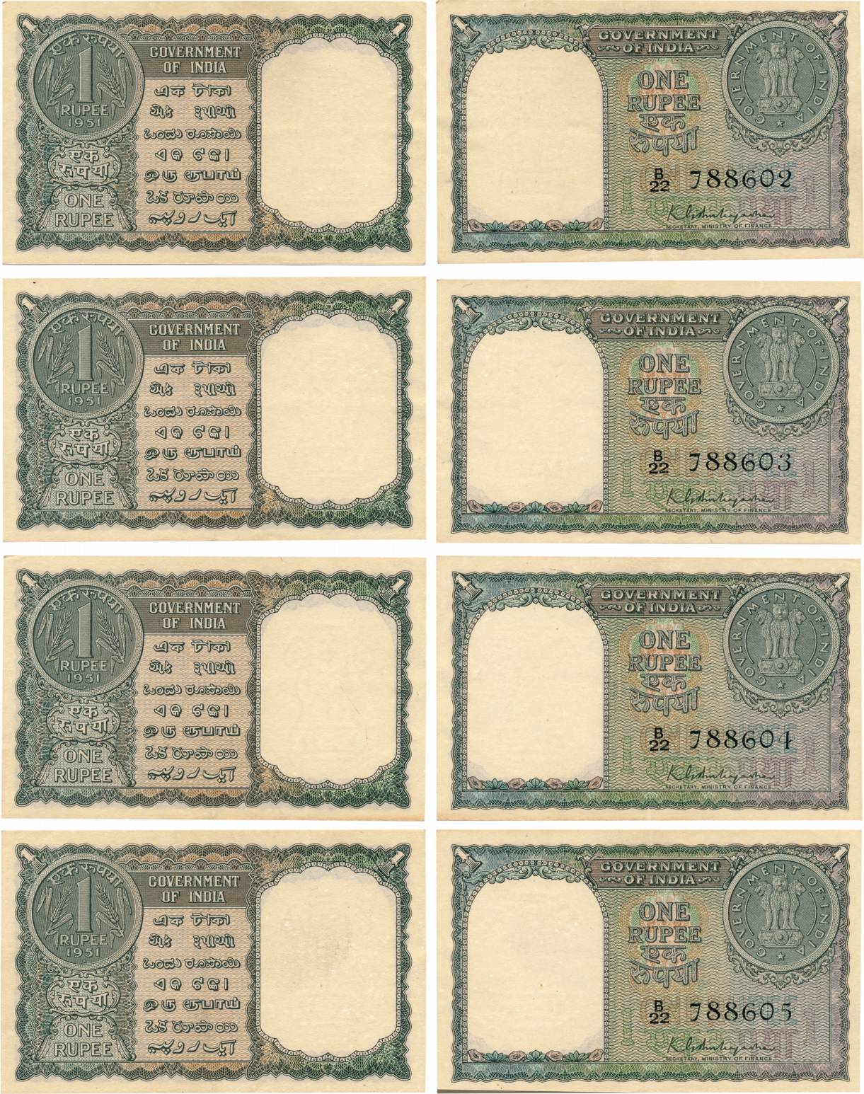 Rupee 1 (4 consecutive number), Type 1.2, 1951, Singed K G Ambegaonkar, Prefix B (Jhun# 1.