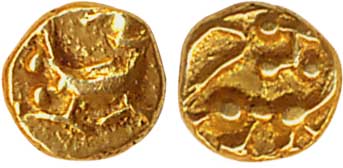Chalukyas of Kalyana, Unattributed, Gold ¼ Fanam, 0.09g, Obv: stylised lion, Rev: Kannada 
