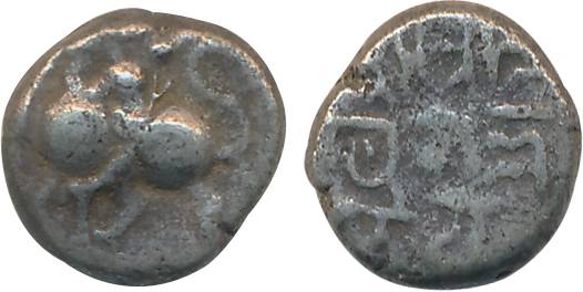 Yadavas of Devgiri, Bhillamdeva, Silver, 1.90g, Obv: Lion to left, Rev: Devnagari legend. 