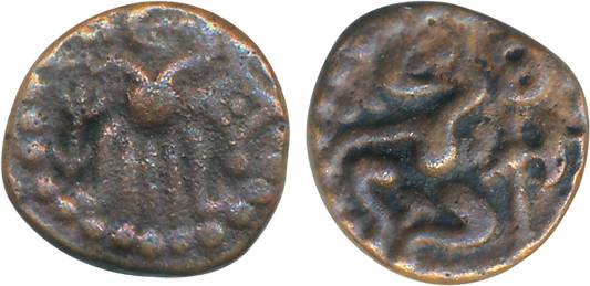 Venad Cheras, Copper, 2.99g, Obv: Standing figure flanked by lamp and stylised chakra, Rev