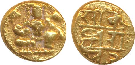 Vijaynagar Empire, Krishnadevraya, Gold, ½ Varaha, 1.72g, Obv: Lord Balakrishna seated, Co