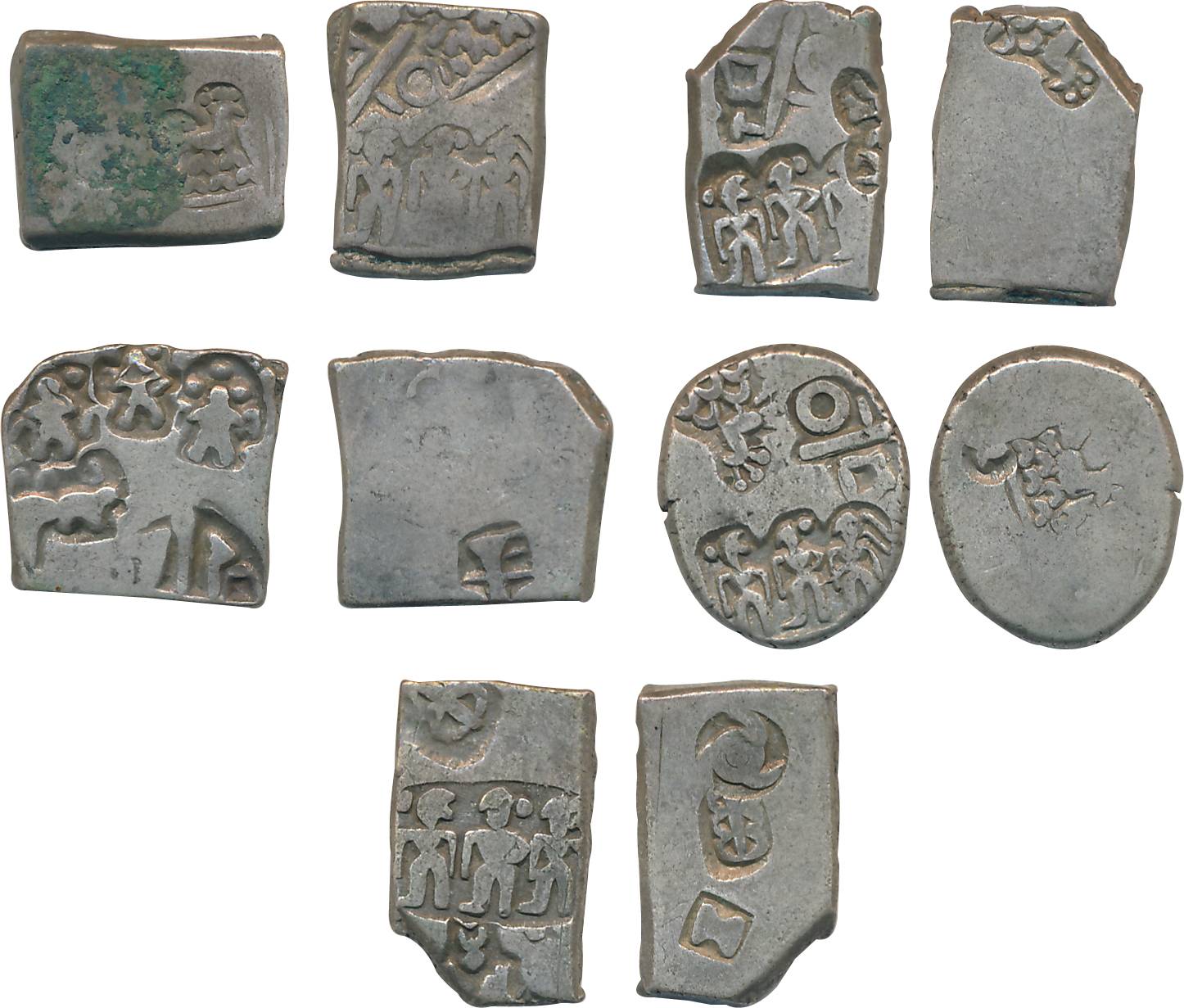 Magadh Janapad, Archaic Punchmarked, Silver Karshapana (5), Imperial Series, Obv: Three Hu