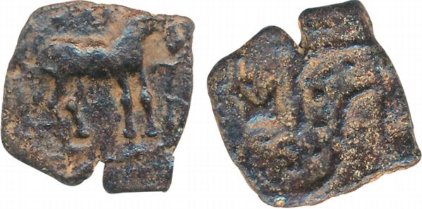 Malayaman Copper un-inscribed Unit 2.29g Obv: Horse facing right front of Yupa Rev: River 
