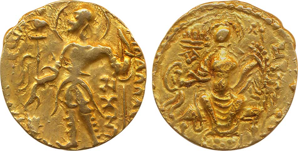 Gupta Samudra Gupta Gold Dinar 7.64g “Standard” type Obv: King Nimbate standing facing lef