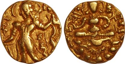 Gupta Chandra Gupta II Gold Dinar 7.75g “Archer” type Obv: Nimbate king standing holding b