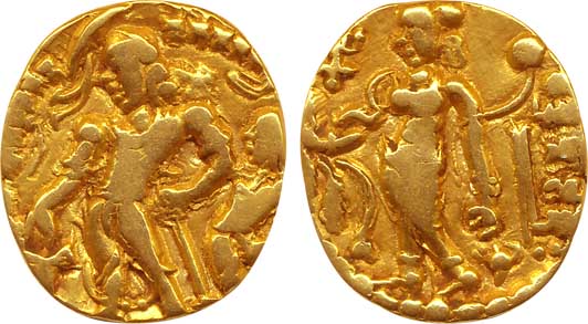 Guptas Chandra Gupta II Gold Dinar 7.75g “Chhatra” type Obv: King nimbate standing to left
