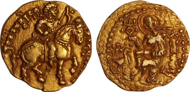 Gupta Kumara Gupta Gold Dinar 8.12g “Horseman” type Obv: King riding caparisoned Horse car