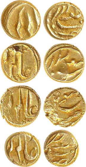 Alamgir II Gold Fanam (4) 0.32g 0.32g 0.33g 0.34 Balapur Mint (KM# A468.1). Very fine to v