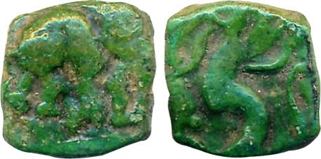 Medieval Gujarat Ranahastin Copper 0.49g Obv: Elephant walking to right Rev: bold trident 
