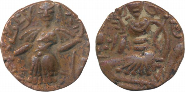 Kashmir Toramana Copper 6.95g Obv: King standing legend around Rev: Goddess. Extremely fin