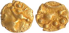 Hoysalas Vishnuvardhana Gold ¼ Fanam 0.10g Obv: Lion to right Rev: Lion to left crescent a