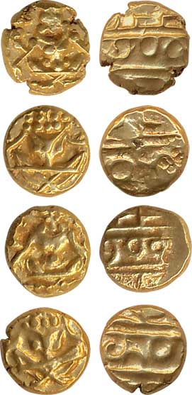 Gold Fanams (4) 0.38g 0.38g 0.38g 0.38g Obv: Narsimha Rev: Legend (KM# C# 212). Very fine.