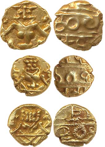 Gold Fanams (3) 0.36g 0.37g 0.38g Obv: Narsimha Rev: Legend (KM# C# 212). Very fine. 3 coi