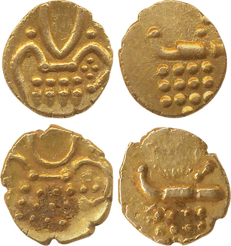 Gold Fanam (2) 0.40g 0.39g Obv: Sun & Moon above dots Rev: Conch Shell (KM# 7). Very fine.
