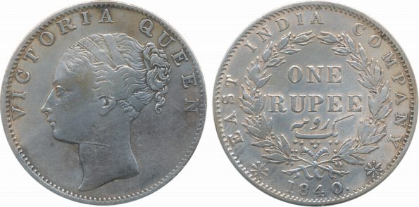 Victoria Queen Silver Rupee 1840 Continuous legend Calcutta Mint 34 Berries. Very fine+ ra