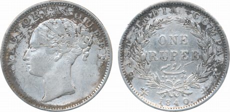 Victoria Queen Silver Rupee 1840 “S” incused. Cleaned fine+ scarce.
