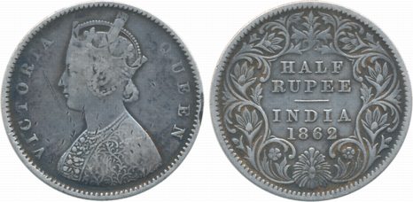 Victoria Queen ½ Rupee 1862 Calcutta Mint A/I (Prid# 255). Very fine.