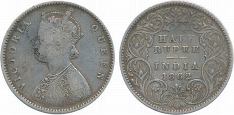 Victoria Queen ½ Rupee 1862 Calcutta Mint A/I (Prid# 255). Very fine.