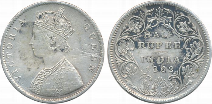 Victoria Queen Silver ½ Rupee 1862. Some scratch marks on obverse cleaned very fine.