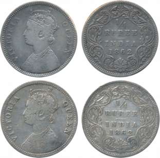Victoria Queen Silver ¼ Rupees (2) 1862. Fine to very fine. 2 coins.