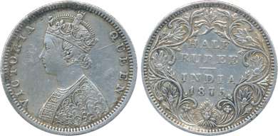 Victoria Queen Silver ½ Rupee 1875 Bombay Mint B1/ II. Cleaned very fine.