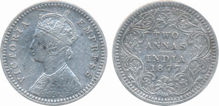 Victoria Empress Two Anna 1877 Bombay Mint B/II/ dot in tip of the flower. Rare.