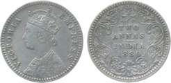 Victoria Empress Silver 2 Annas 1880 C incused. Very fine scarce.