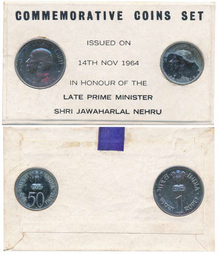 1964 Proof Set of 2 “Jawaharlal Nehru” Bombay Mint Rupees 1 & 50 Paisa (RB# 8). In Black r