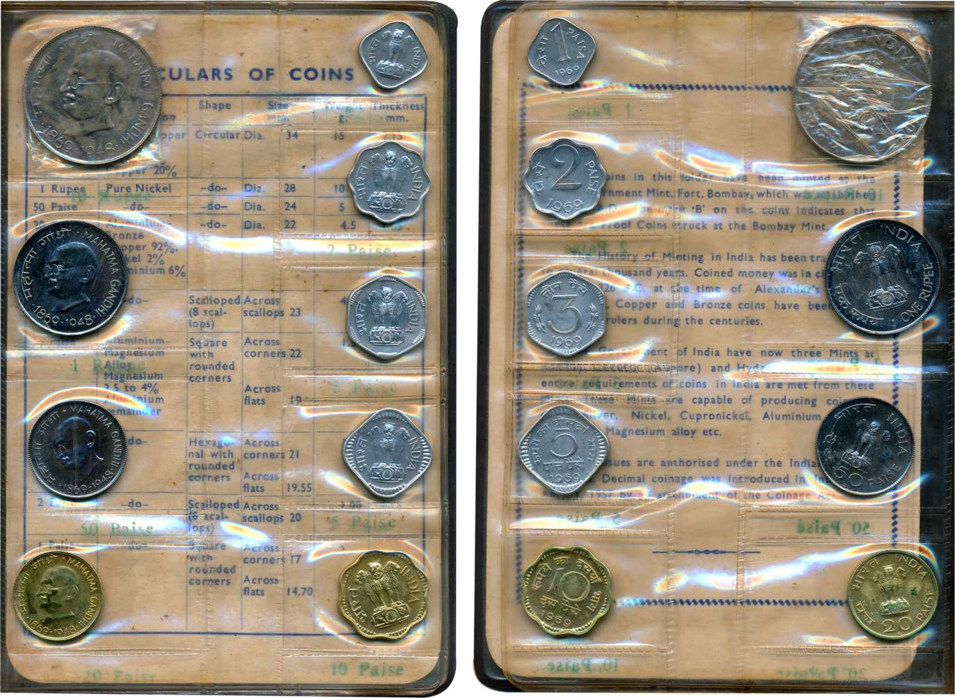 1969 Proof Set of 9 “Mahatma Gandhi Centenary” Bombay Mint Rupees 10 1 & 50 20 10 5 3 2 & 