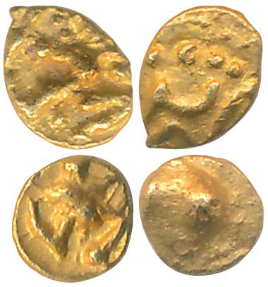 Silaharas of Wai- Karad region Gold ¼ Fanams (2) 0.12g 0.13g Obv: Garuda running right hol