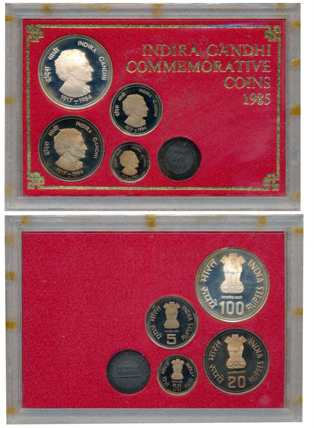 1985 Proof Set of 4 “Indira Gandhi” Bombay Mint Rupees 100 20 5 & 50 Paisa with mint emble