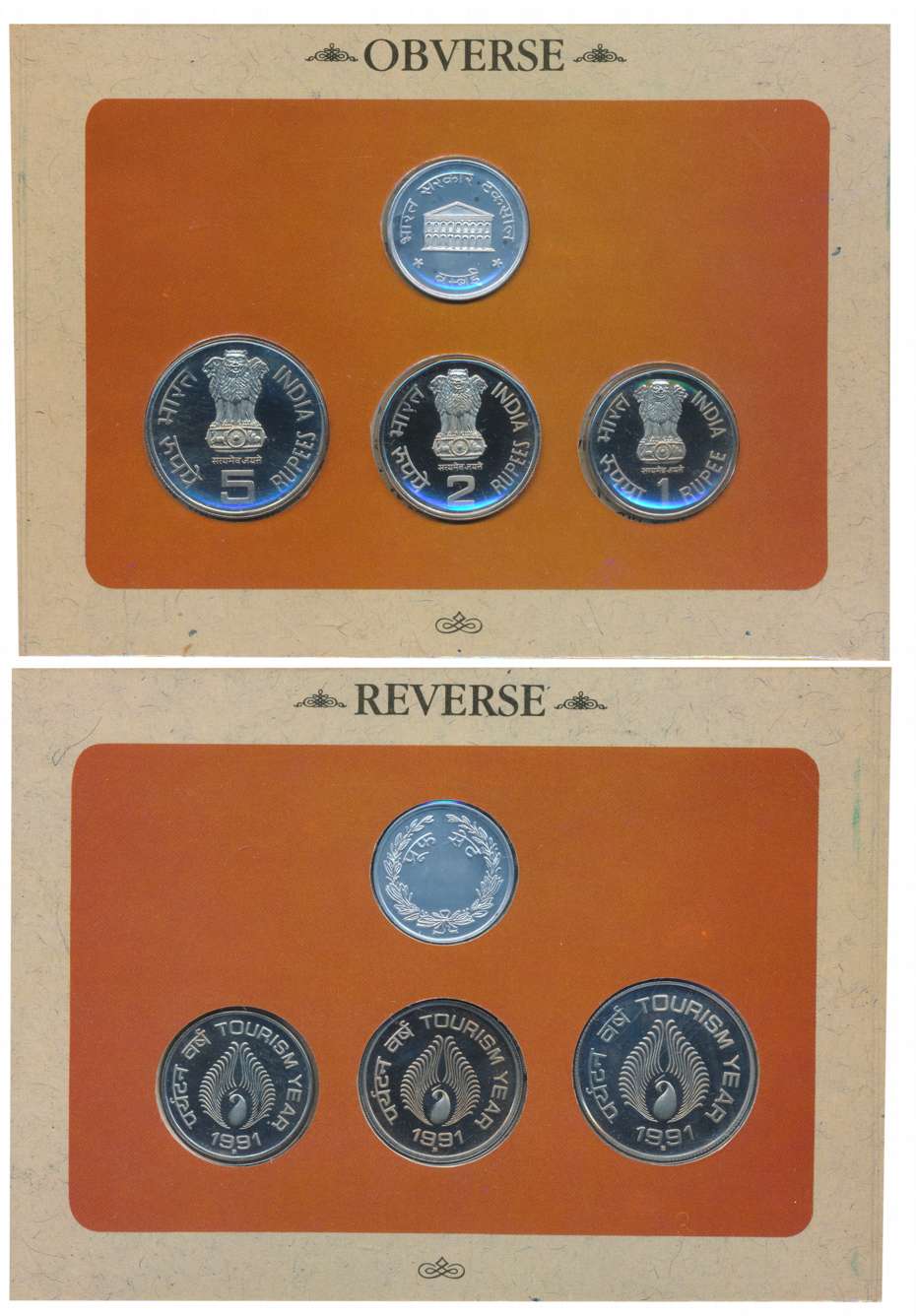 1991 Proof Set of 3 “India Tourism Year” Bombay Mint Rupees 5 2 & 1 with mint emblem (RB# 