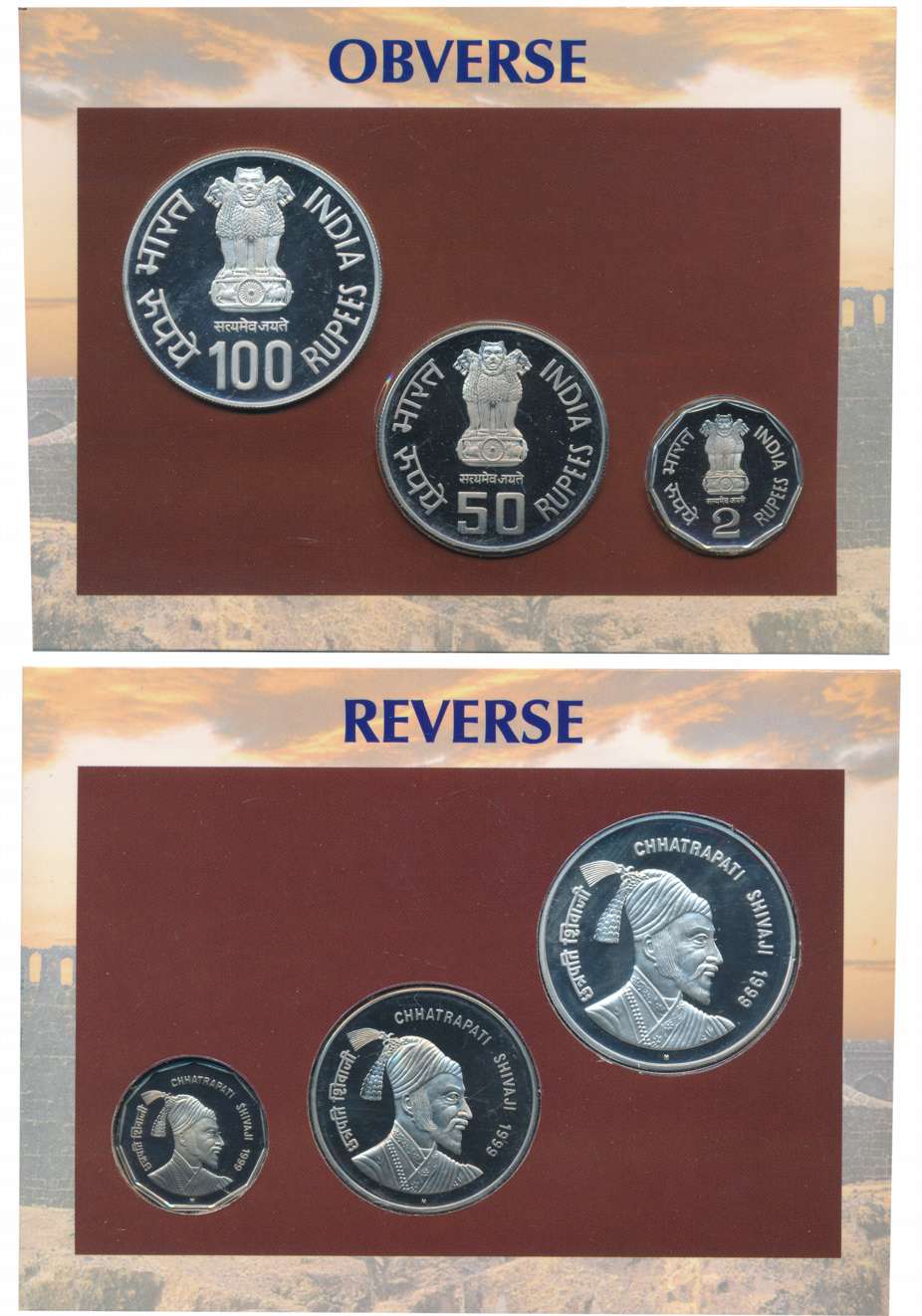 1999 Proof Set of 3 “Chhatrapati Shivaji” Mumbai Mint Rupees 100 50 & 2 (RB# 220). In blis