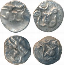 Silaharas of Wai- Karad region Silver Tara (2) 0.29g & 0.26g Obv: Garuda with long beak ru
