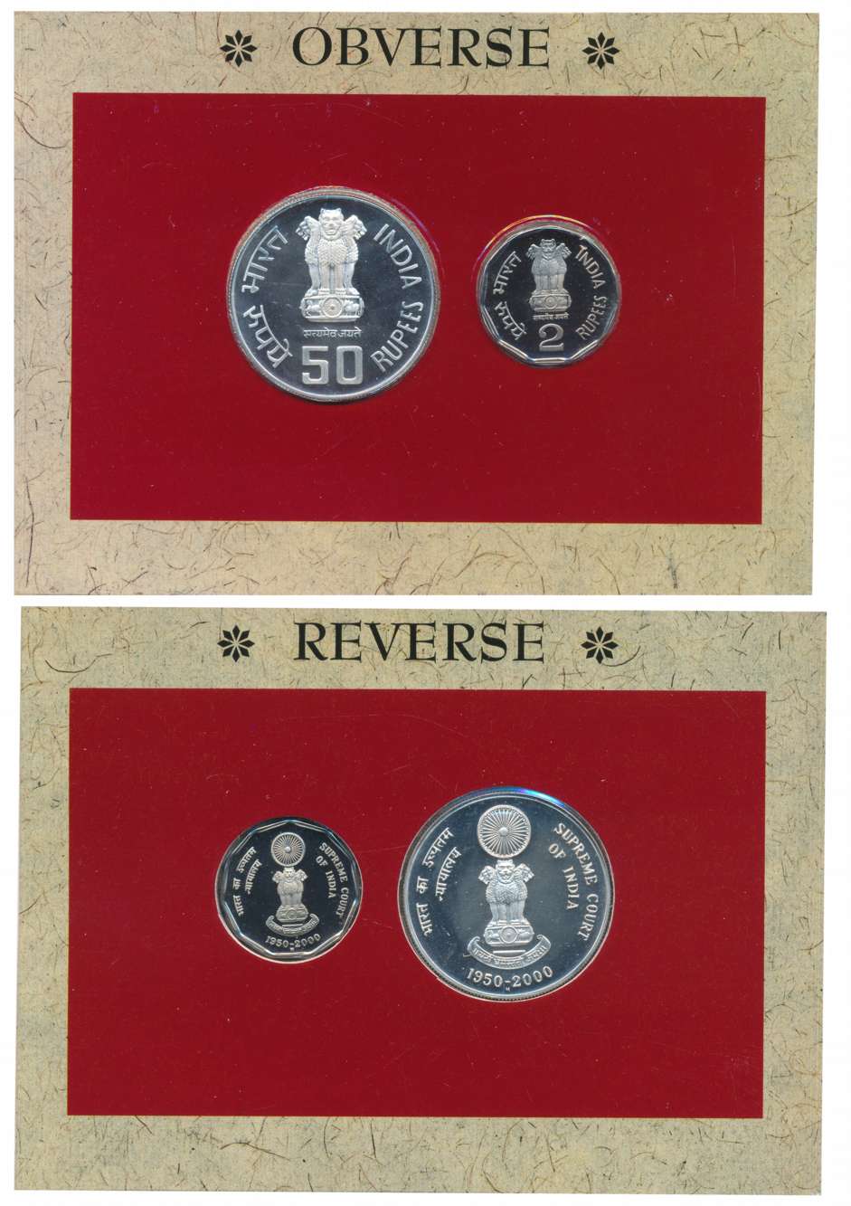 2000 Proof Set of 2 “Golden Jubilee of Supreme Court” Mumbai Mint Rupees 50 & 2 (RB# 233).