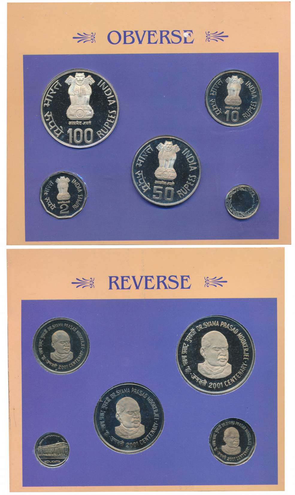 2001 Proof Set of 4 “Dr. Shyama Prasad Mookerjee Centenary” Kolkata Mint Rupees 100 50 10 