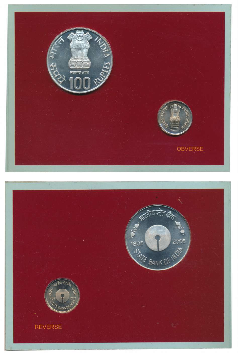 2006 Proof Set of 2 “200 Years of State Bank of India” Kolkata Mint Rupees 100 & 5 (RB# 29